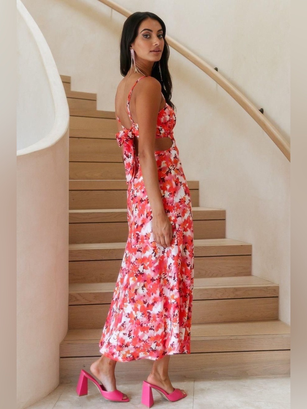 Floral Slip Maxi Dress in Pink and Orange